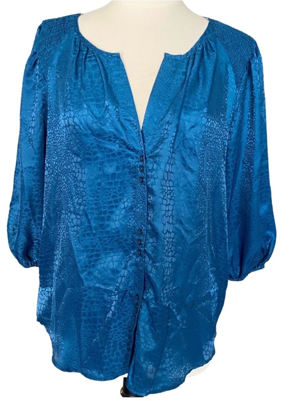 Zac & Rachel Teal-Blue Satin Button Front Blouse